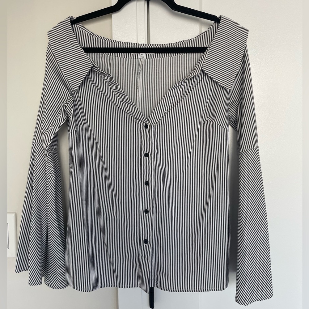 Off the shoulder white and navy button down blouse